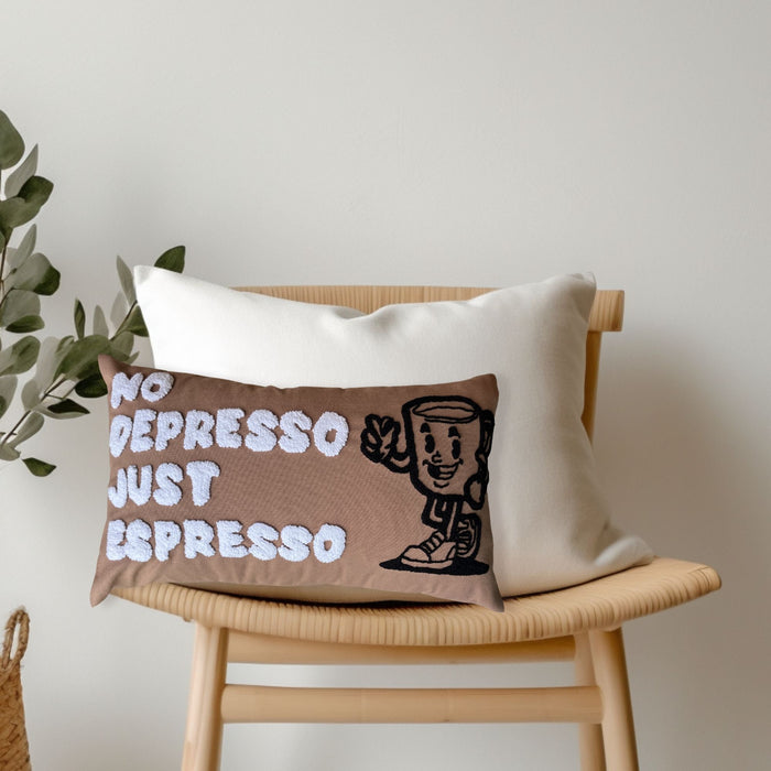 No Depresso Just Espresso Trendy Retro Coffee Lover Gift Handmade Needle Punch Cushion Beige Neutral Throw Cushion Aesthetic Dorm Pillow