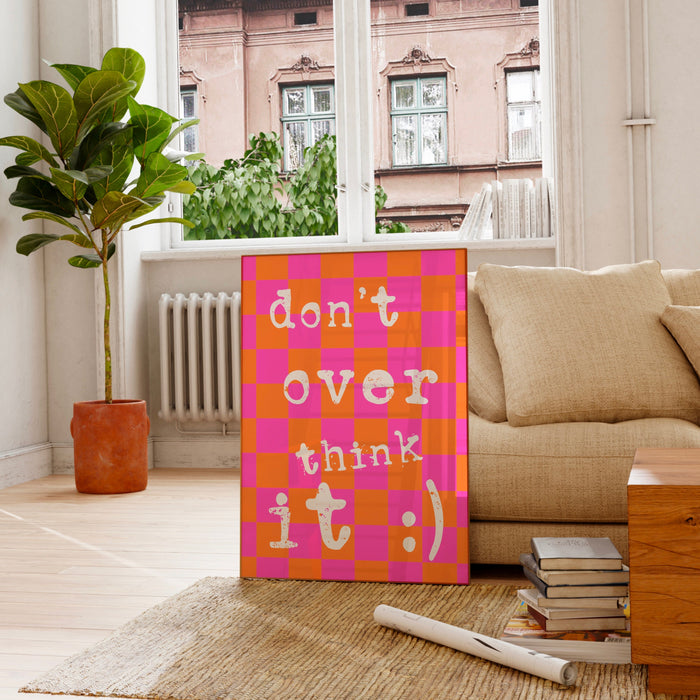 Don't Overthink It, Pink Orange Poster Funky 70s Pink Wall Art Digital Artwork Printable Girly Dorm Room Art Trendy Retro Digital Download