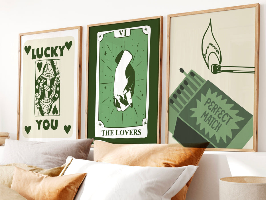 Trendy Retro Wall Art Set of 16 Retro Trendy Aesthetic Print Lucky You Poster Dark Green Print Trendy Wall Art Funny Minimalist Digital Art