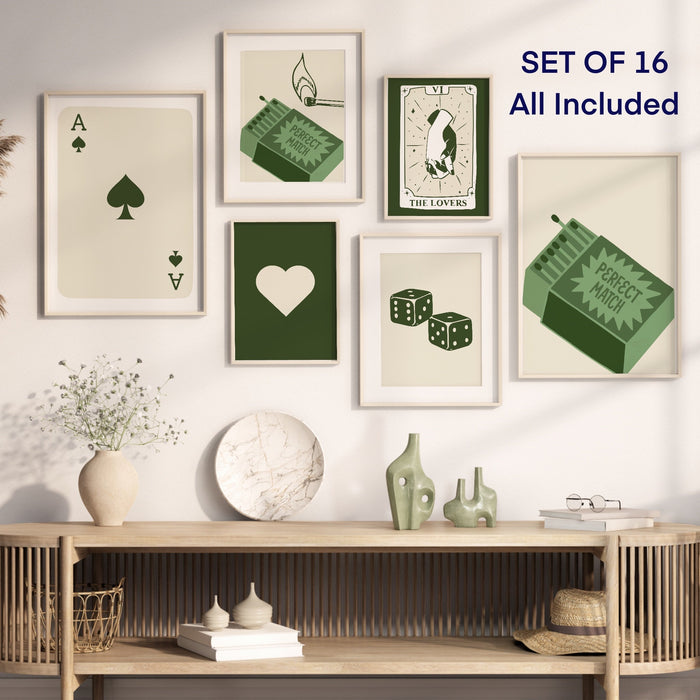 Trendy Retro Wall Art Set of 16 Retro Trendy Aesthetic Print Lucky You Poster Dark Green Print Trendy Wall Art Funny Minimalist Digital Art