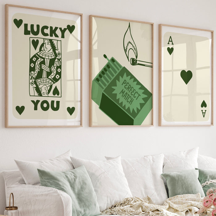 Trendy Retro Wall Art Set of 16 Retro Trendy Aesthetic Print Lucky You Poster Dark Green Print Trendy Wall Art Funny Minimalist Digital Art