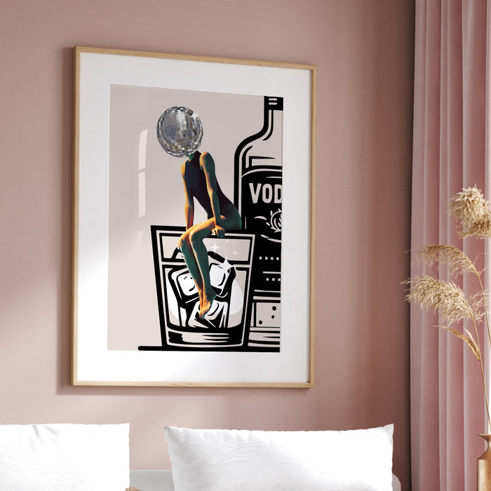 Disco Ball Head Poster retro funky disco 70s print funny vodka wall art digital download luxury mirrorball trendy printable dorm room art