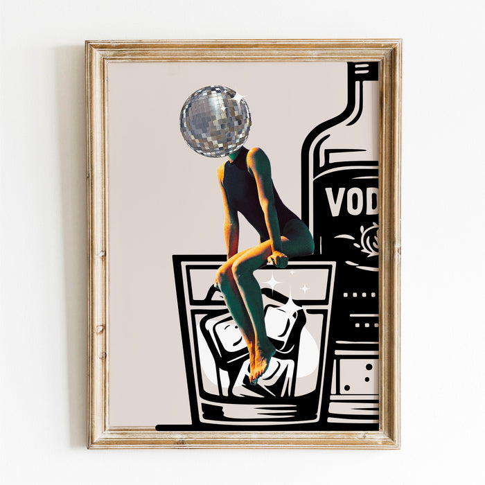 Disco Ball Head Poster retro funky disco 70s print funny vodka wall art digital download luxury mirrorball trendy printable dorm room art