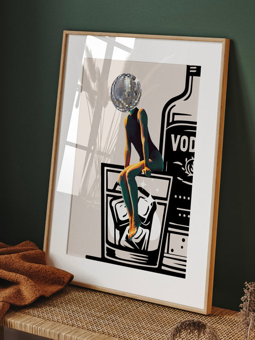 Disco Ball Head Poster retro funky disco 70s print funny vodka wall art digital download luxury mirrorball trendy printable dorm room art