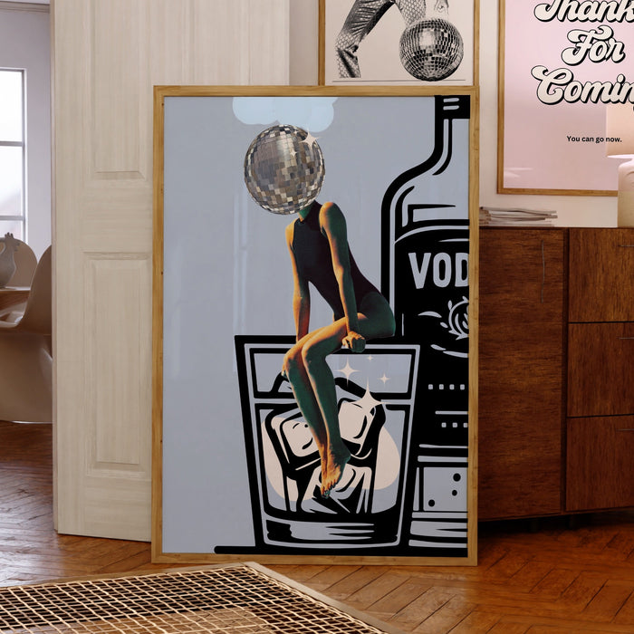 Disco Ball Head Poster blue retro funky disco 70s print funny vodka wallart digital download luxury mirrorball trendy printable dorm decor