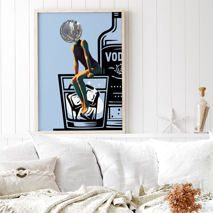 Disco Ball Head Poster blue retro funky disco 70s print funny vodka wallart digital download luxury mirrorball trendy printable dorm decor