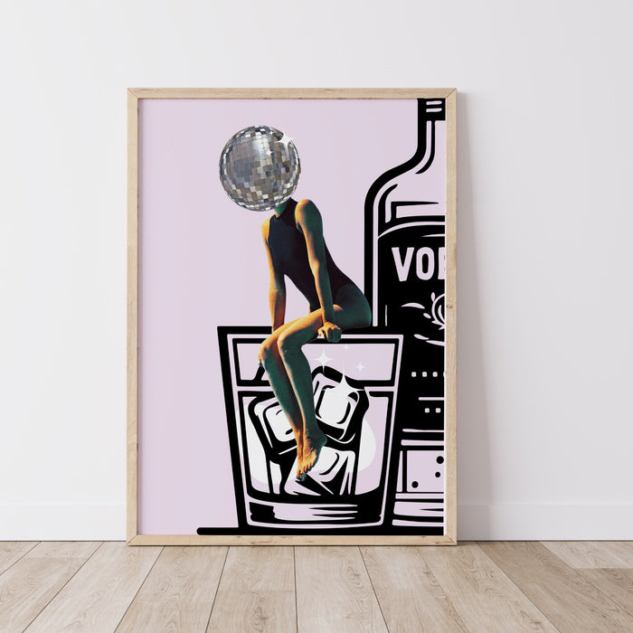 Pink funky disco 70s print barcart disco ball retro funny vodka wallart luxury mirrorball trendy printable dorm decor digital download