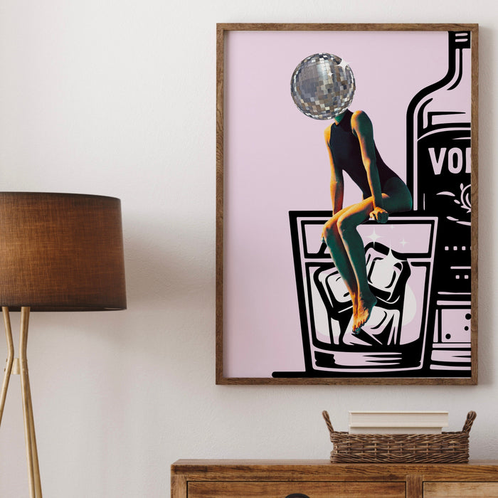 Pink funky disco 70s print barcart disco ball retro funny vodka wallart luxury mirrorball trendy printable dorm decor digital download