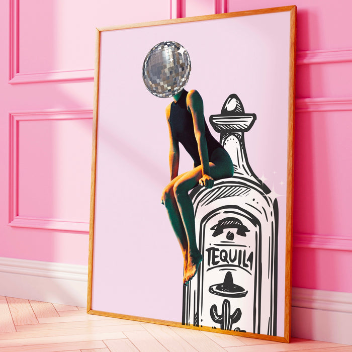 Set of 3 retro tequila posters girly pink bar cart art funky disco 70s print dorm room wall art digital artwork luxury mirrorball printable