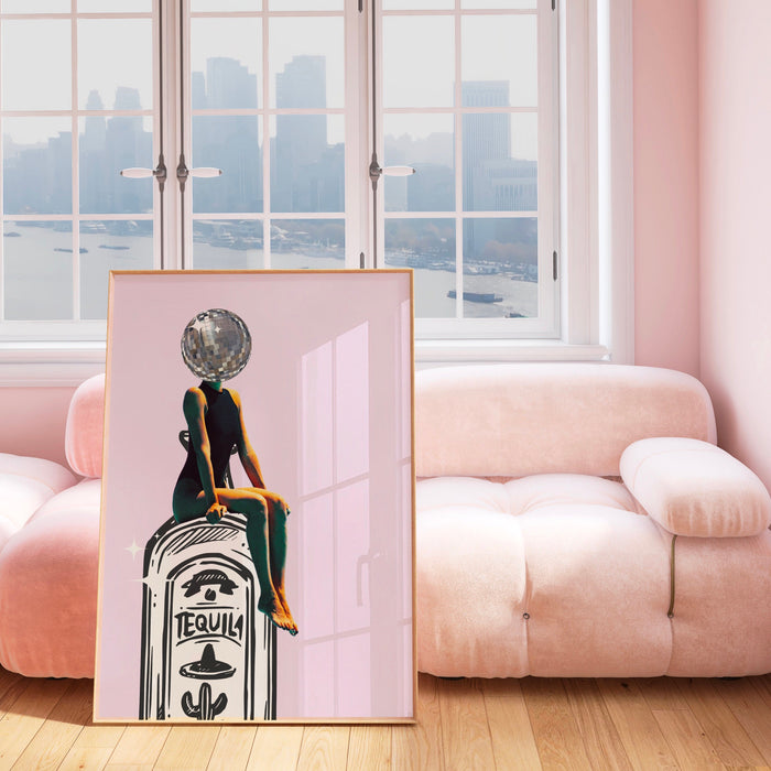 Pink retro set of 3 tequila posters barcart art funky disco 70s print girly pink dorm room decor digital prints luxury mirrorball printable