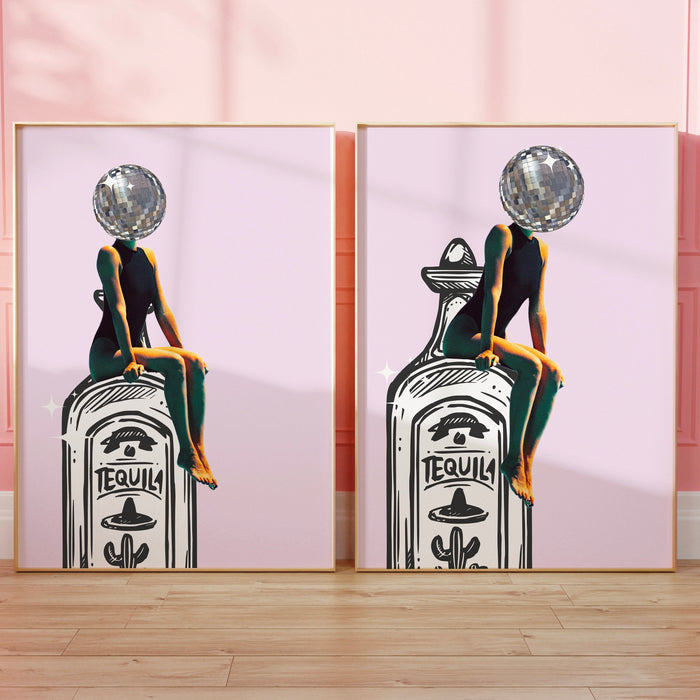 Set of 3 retro tequila posters girly pink bar cart art funky disco 70s print dorm room wall art digital artwork luxury mirrorball printable