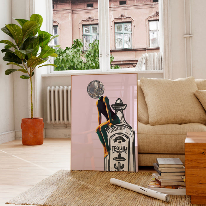 Set of 3 retro tequila posters girly pink bar cart art funky disco 70s print dorm room wall art digital artwork luxury mirrorball printable