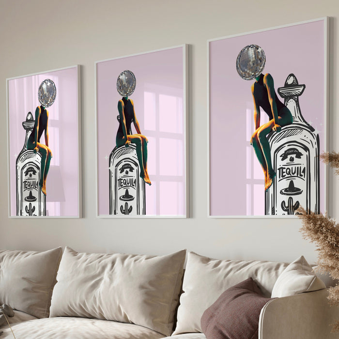 Set of 3 retro tequila posters girly pink bar cart art funky disco 70s print dorm room wall art digital artwork luxury mirrorball printable