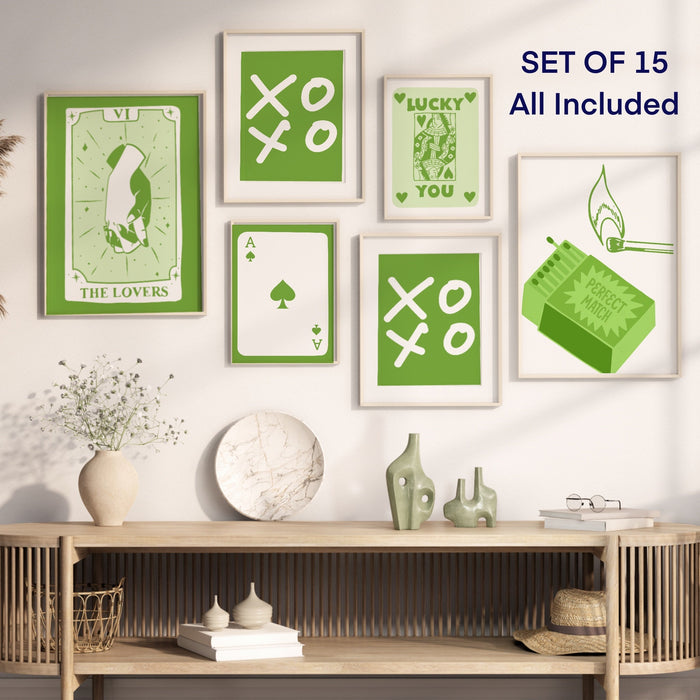 Green Trendy Retro Wall Art Set of 15 Retro Aesthetic Print Lucky Poster  Print Trendy Apartment Wall Art Funny Minimalist Digital Art
