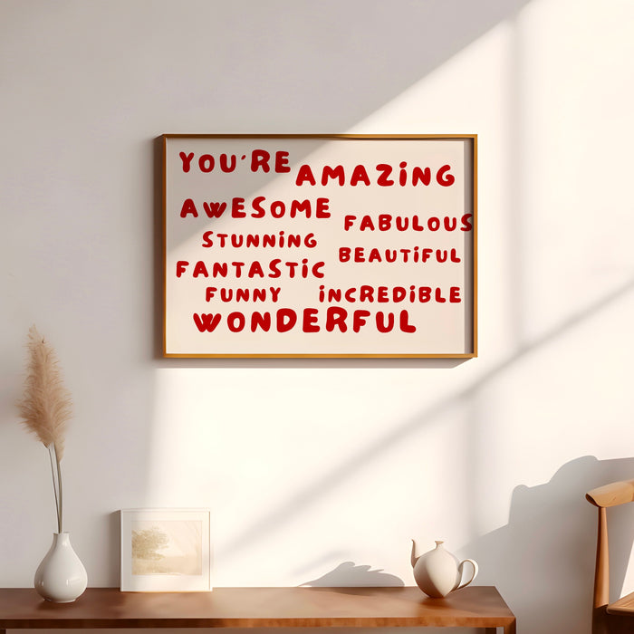 You Are Amazing Red Poster Positive Bedroom Wall Art Neutral Digital Artwork,Printable, Girly Dorm Room Art Trendy Retro Digital Download