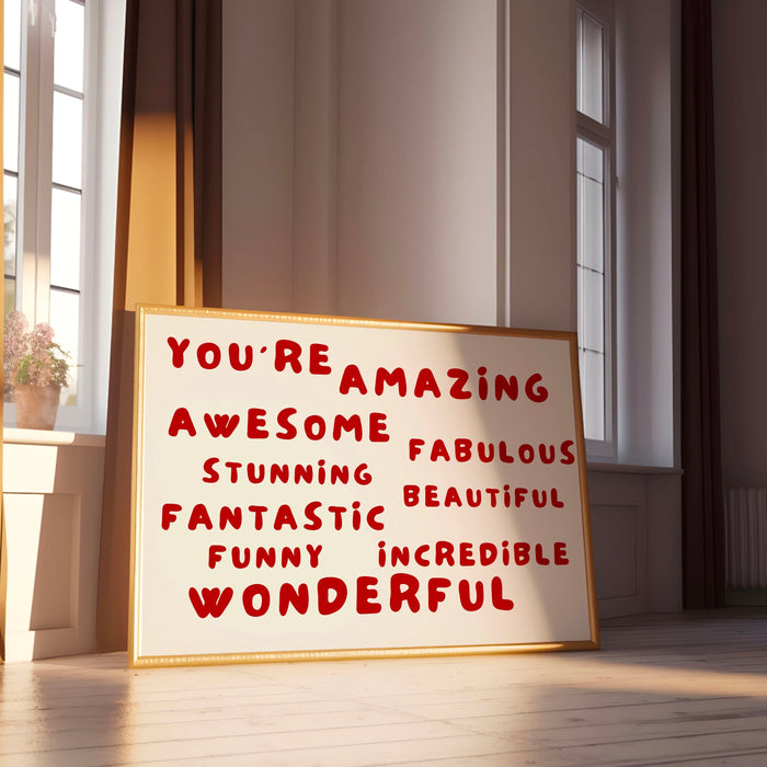 You Are Amazing Red Poster Positive Bedroom Wall Art Neutral Digital Artwork,Printable, Girly Dorm Room Art Trendy Retro Digital Download