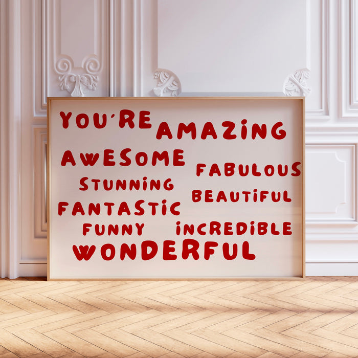 You Are Amazing Red Poster Positive Bedroom Wall Art Neutral Digital Artwork,Printable, Girly Dorm Room Art Trendy Retro Digital Download