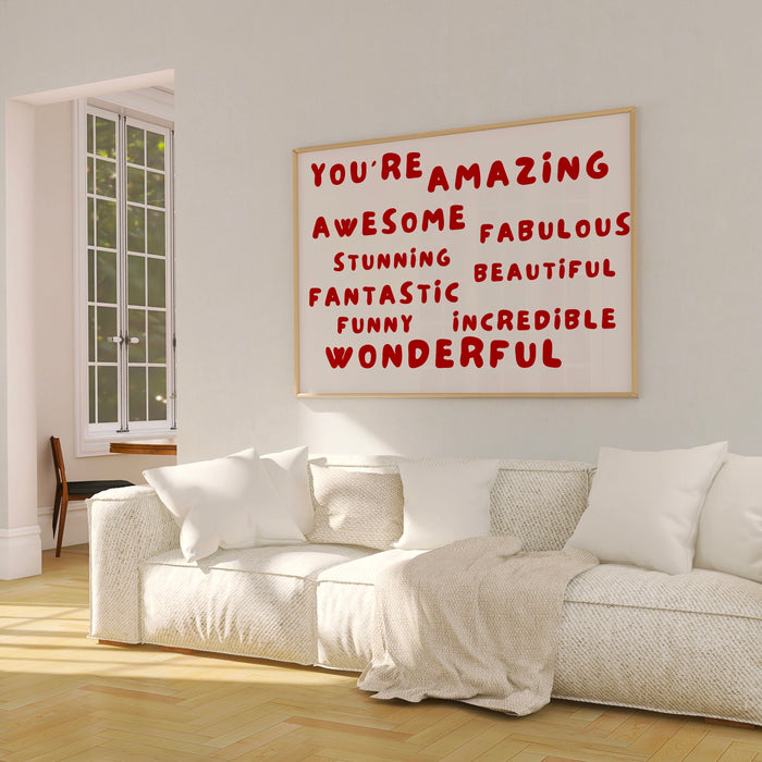 You Are Amazing Red Poster Positive Bedroom Wall Art Neutral Digital Artwork,Printable, Girly Dorm Room Art Trendy Retro Digital Download