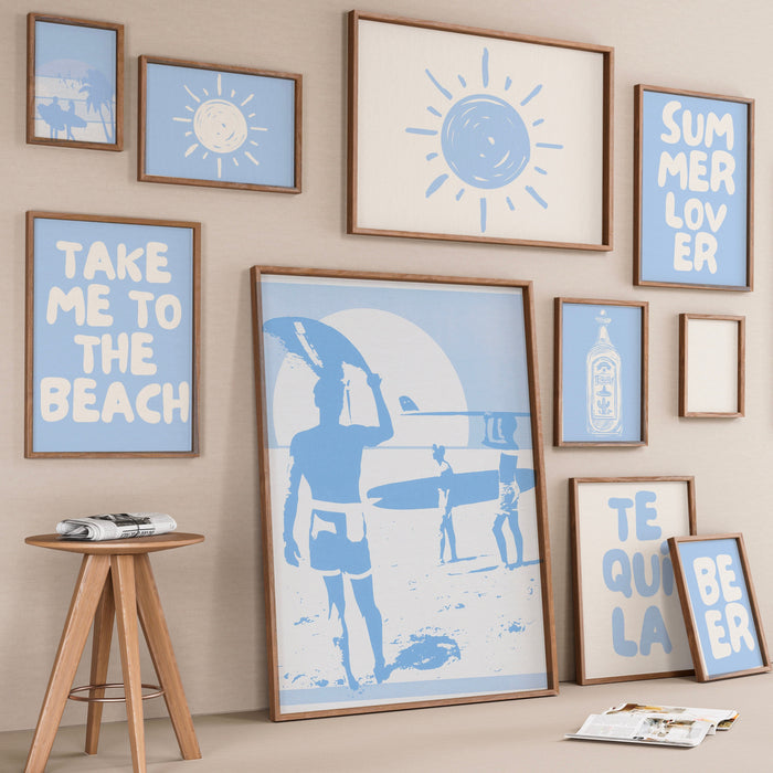 Trendy Retro Wall Art Set of 9 Blue Gallery Wall Aesthetic Prints Surfer Poster Coastal Wall Art Minimalist, Digital  Printables