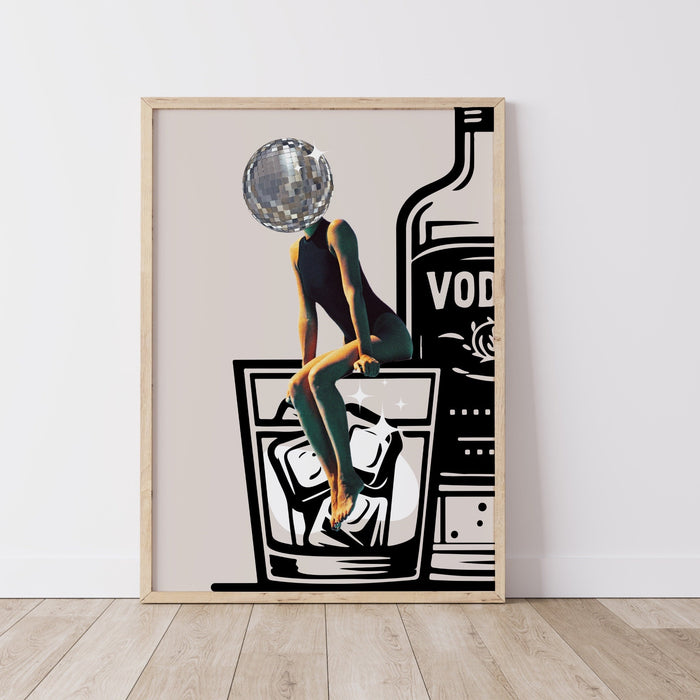 Disco Ball Head Poster retro funky disco 70s print funny vodka wall art digital download luxury mirrorball trendy printable dorm room art