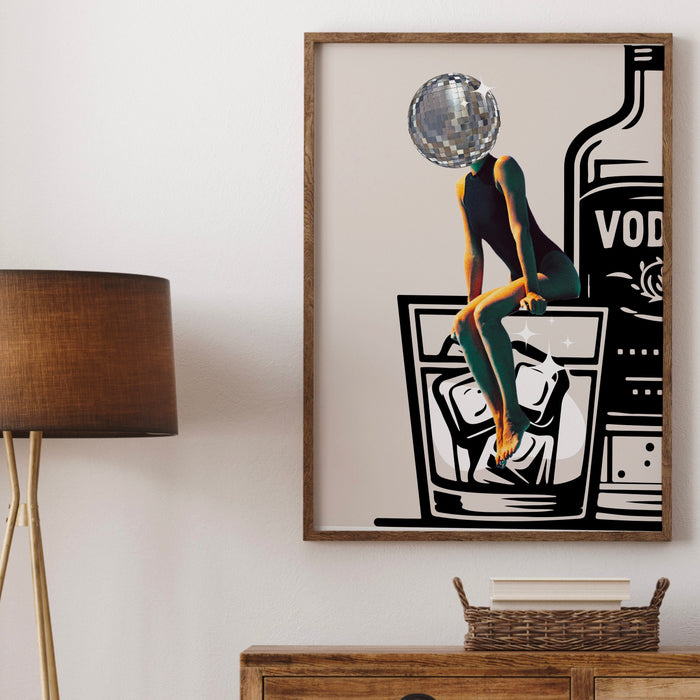 Disco Ball Head Poster retro funky disco 70s print funny vodka wall art digital download luxury mirrorball trendy printable dorm room art