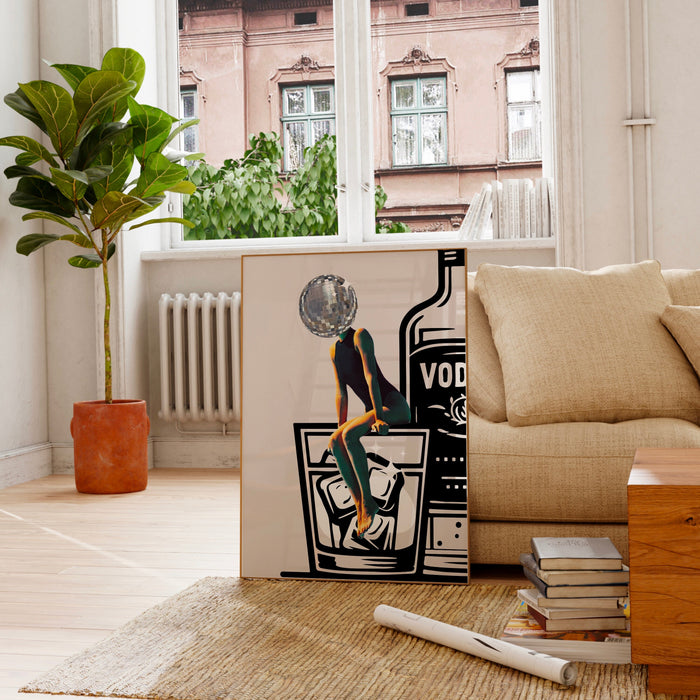 Disco Ball Head Poster retro funky disco 70s print funny vodka wall art digital download luxury mirrorball trendy printable dorm room art