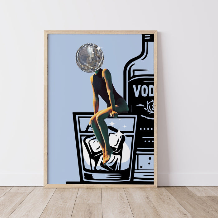 Disco Ball Head Poster blue retro funky disco 70s print funny vodka wallart digital download luxury mirrorball trendy printable dorm decor