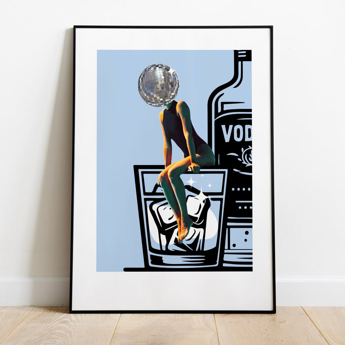 Disco Ball Head Poster blue retro funky disco 70s print funny vodka wallart digital download luxury mirrorball trendy printable dorm decor