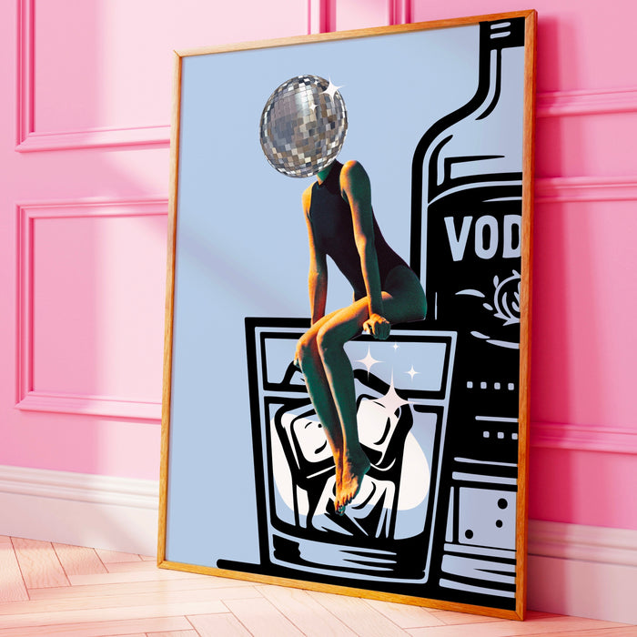 Disco Ball Head Poster blue retro funky disco 70s print funny vodka wallart digital download luxury mirrorball trendy printable dorm decor