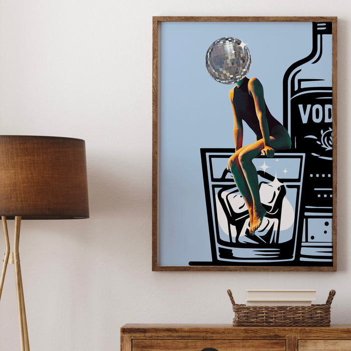 Disco Ball Head Poster blue retro funky disco 70s print funny vodka wallart digital download luxury mirrorball trendy printable dorm decor