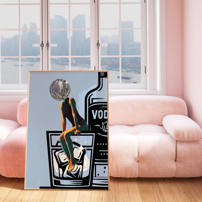 Disco Ball Head Poster blue retro funky disco 70s print funny vodka wallart digital download luxury mirrorball trendy printable dorm decor