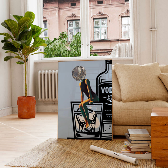 Disco Ball Head Poster blue retro funky disco 70s print funny vodka wallart digital download luxury mirrorball trendy printable dorm decor