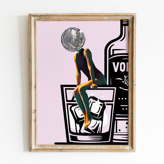 Pink funky disco 70s print barcart disco ball retro funny vodka wallart luxury mirrorball trendy printable dorm decor digital download