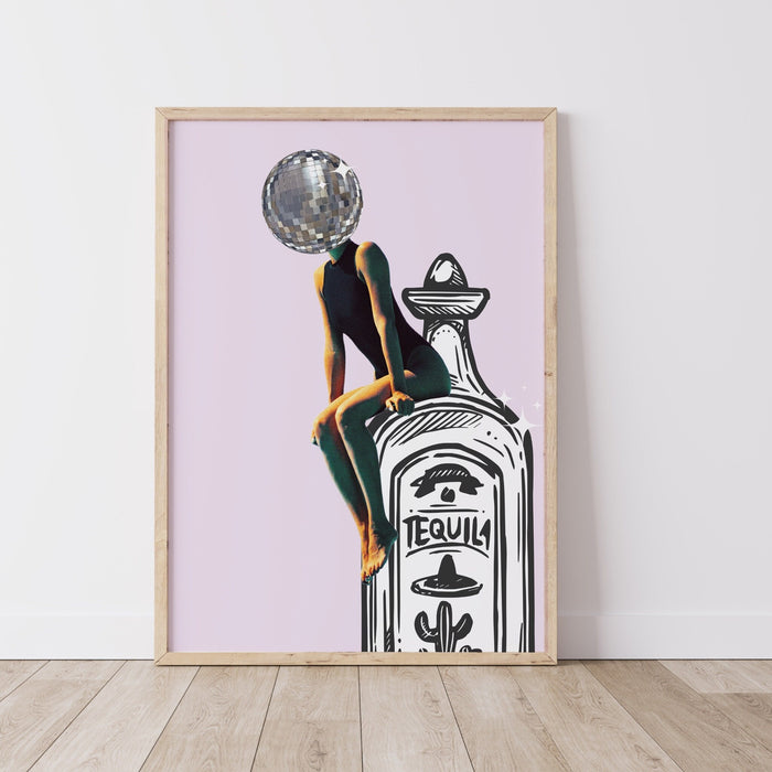 Pink retro set of 3 tequila posters barcart art funky disco 70s print girly pink dorm room decor digital prints luxury mirrorball printable