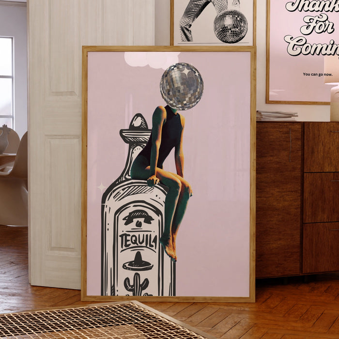 Pink retro set of 3 tequila posters barcart art funky disco 70s print girly pink dorm room decor digital prints luxury mirrorball printable