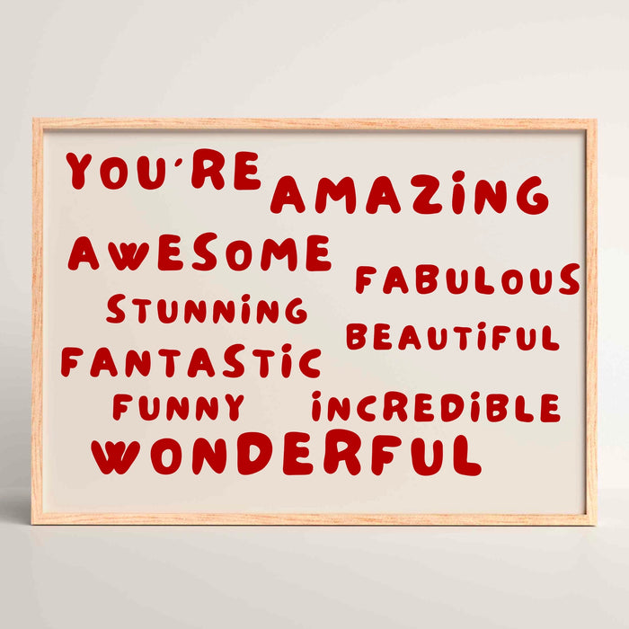 You Are Amazing Red Poster Positive Bedroom Wall Art Neutral Digital Artwork,Printable, Girly Dorm Room Art Trendy Retro Digital Download