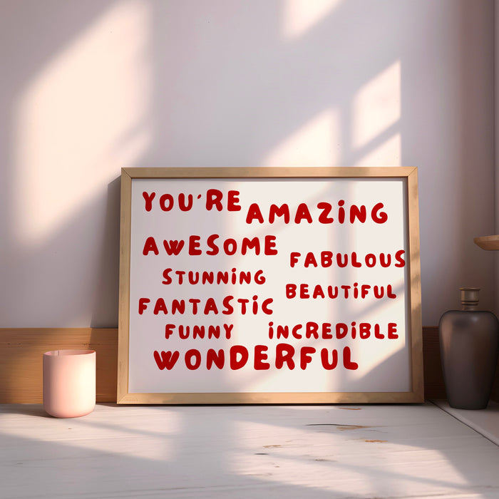 You Are Amazing Red Poster Positive Bedroom Wall Art Neutral Digital Artwork,Printable, Girly Dorm Room Art Trendy Retro Digital Download