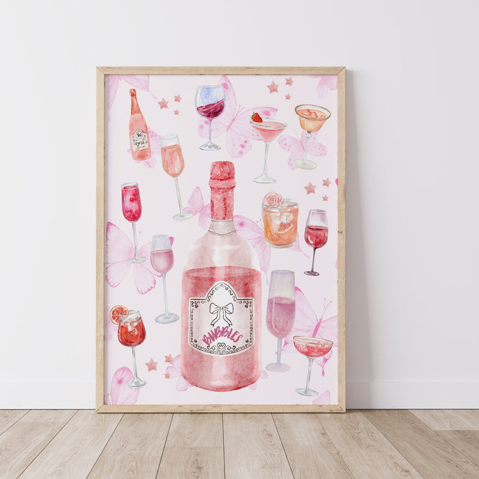 Bar Cart Coquette Trendy Pink Champagne Wall Art Retro Trendy Aesthetic Print Coquette Pink Bar Cart Print Funny Art Minimalist Digital Art