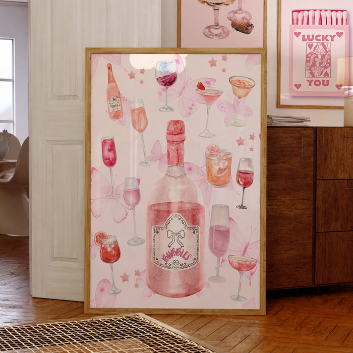 Bar Cart Coquette Trendy Pink Champagne Wall Art Retro Trendy Aesthetic Print Coquette Pink Bar Cart Print Funny Art Minimalist Digital Art