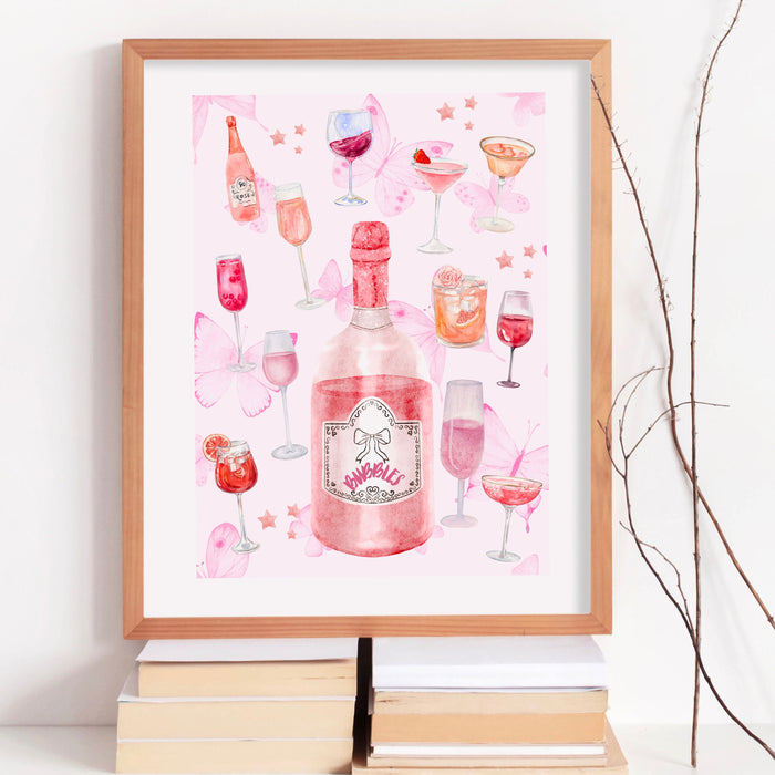 Bar Cart Coquette Trendy Pink Champagne Wall Art Retro Trendy Aesthetic Print Coquette Pink Bar Cart Print Funny Art Minimalist Digital Art