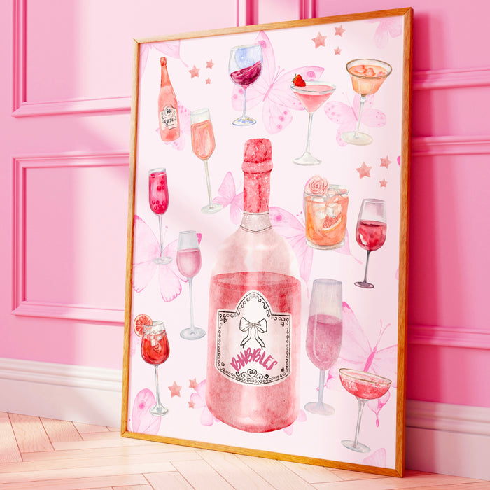 Bar Cart Coquette Trendy Pink Champagne Wall Art Retro Trendy Aesthetic Print Coquette Pink Bar Cart Print Funny Art Minimalist Digital Art