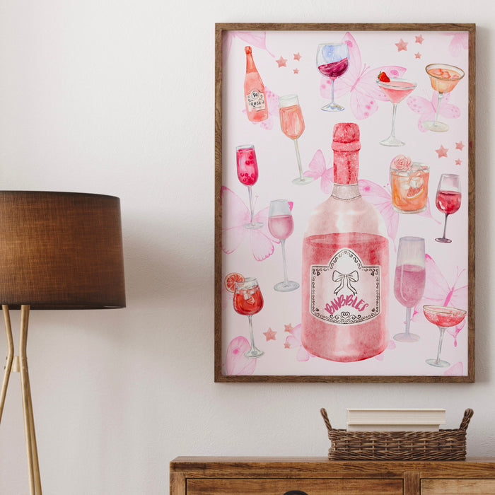 Bar Cart Coquette Trendy Pink Champagne Wall Art Retro Trendy Aesthetic Print Coquette Pink Bar Cart Print Funny Art Minimalist Digital Art
