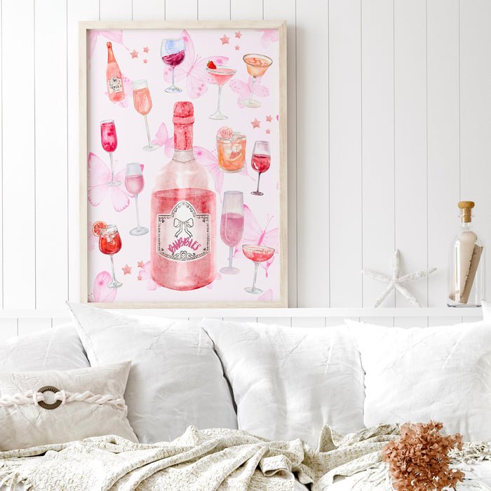 Bar Cart Coquette Trendy Pink Champagne Wall Art Retro Trendy Aesthetic Print Coquette Pink Bar Cart Print Funny Art Minimalist Digital Art