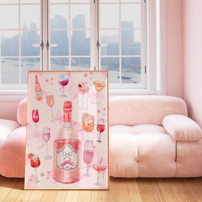 Bar Cart Coquette Trendy Pink Champagne Wall Art Retro Trendy Aesthetic Print Coquette Pink Bar Cart Print Funny Art Minimalist Digital Art