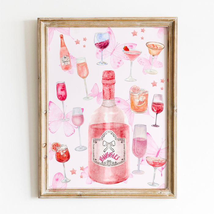 Bar Cart Coquette Trendy Pink Champagne Wall Art Retro Trendy Aesthetic Print Coquette Pink Bar Cart Print Funny Art Minimalist Digital Art