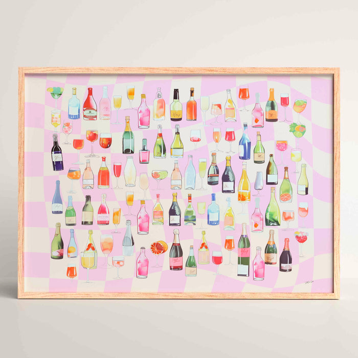 Bar Cart Coquette Trendy Pink Champagne Wall Art Retro Vinatge Aesthetic Landscape Print Pink Bar Cart Print Funny Art Minimalist Digital