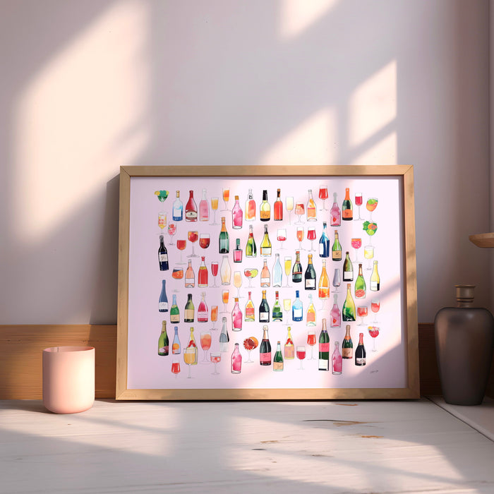 Bar Cart Coquette Trendy Pink Champagne Wall Art Retro Vinatge Aesthetic Landscape Print Pink Bar Cart Print Funny Art Minimalist Digital