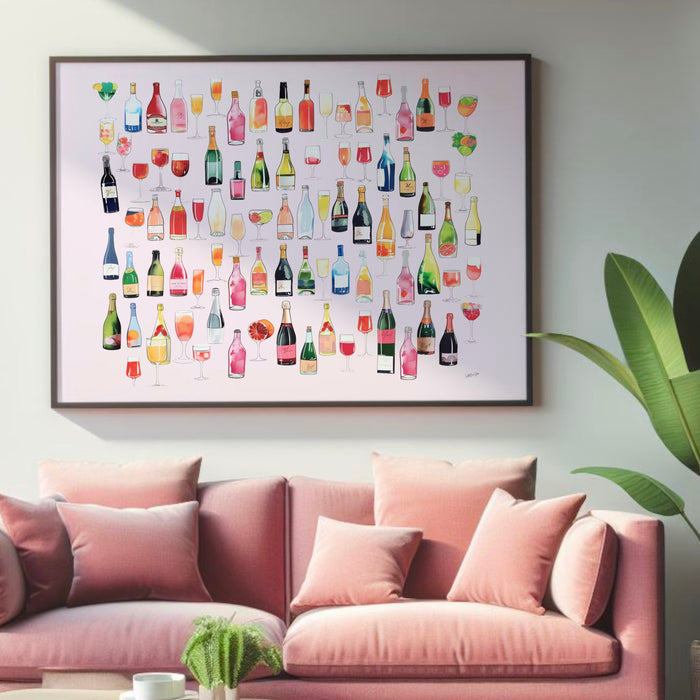 Bar Cart Coquette Trendy Pink Champagne Wall Art Retro Vinatge Aesthetic Landscape Print Pink Bar Cart Print Funny Art Minimalist Digital