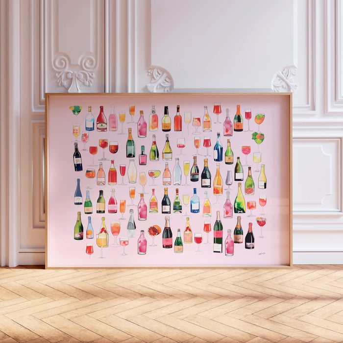 Bar Cart Coquette Trendy Pink Champagne Wall Art Retro Vinatge Aesthetic Landscape Print Pink Bar Cart Print Funny Art Minimalist Digital