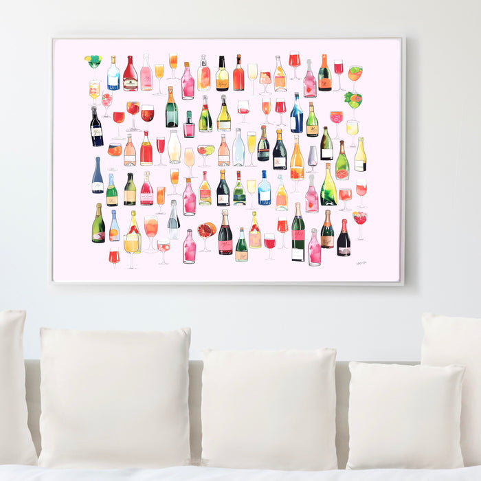 Bar Cart Coquette Trendy Pink Champagne Wall Art Retro Vinatge Aesthetic Landscape Print Pink Bar Cart Print Funny Art Minimalist Digital